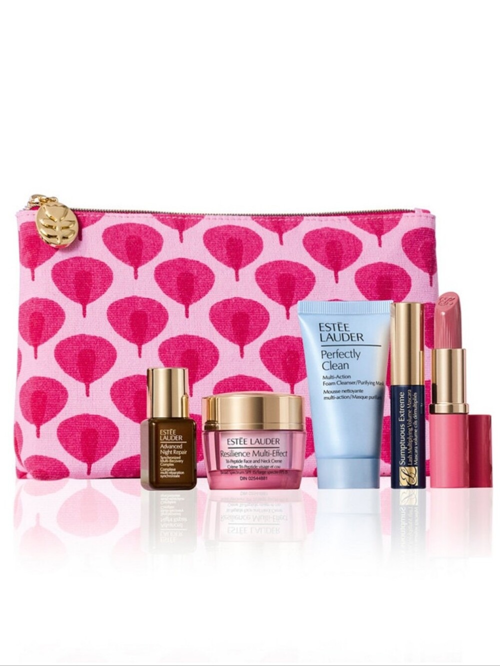 Estée Lauder Pink Patterned Cosmetic Pouch with Skincare & Lip Duo